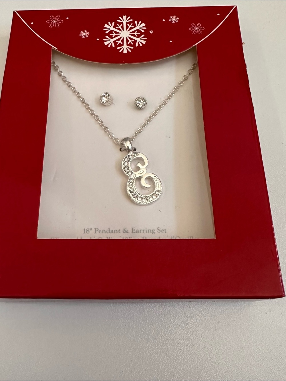 NIB Monogram Initial Letter E Pendant Necklace & Earring Set Silver Tone